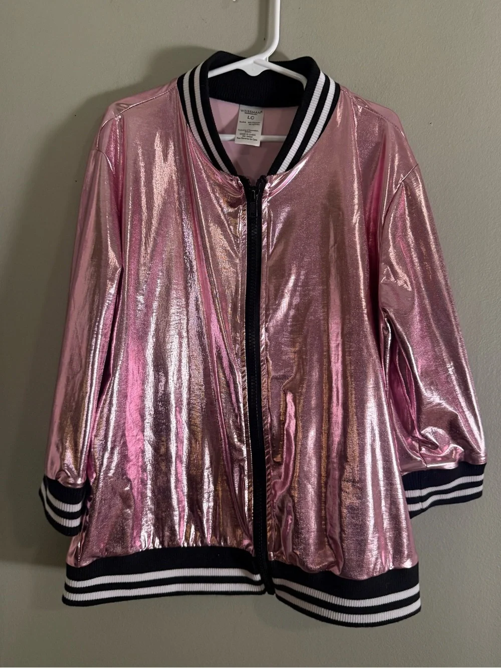 Weissman Girls LC Pink Metallic Bomber Jacket Holographic Dance Cheer Zip Up